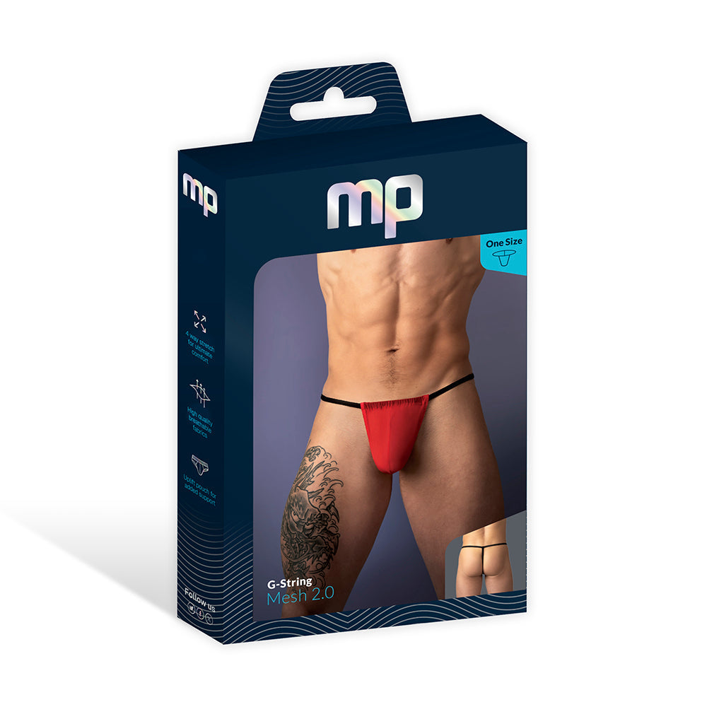 Male Power Mesh 2.0 G-string Red OS packaging showcasing minimalist design and breathable comfort.
