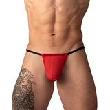 Male Power Mesh 2.0 G-string Red OS showcasing a minimalist design and breathable comfort on a male model.