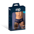 Male Power Sassy Lace Mini Short Sheer Pouch Navy Medium packaging showcasing lace short and sheer pouch detail.