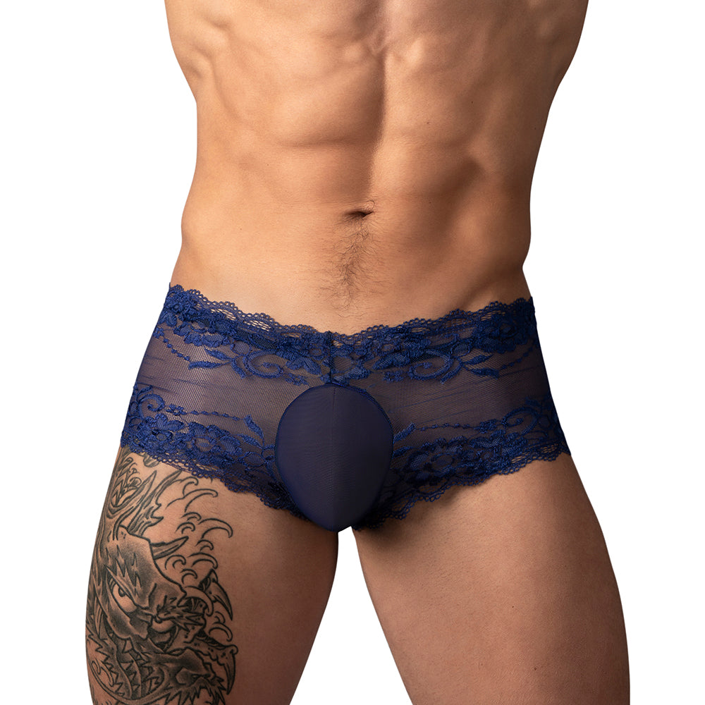 Male Power Sassy Lace Mini Short Sheer Pouch Navy Medium front view on male model