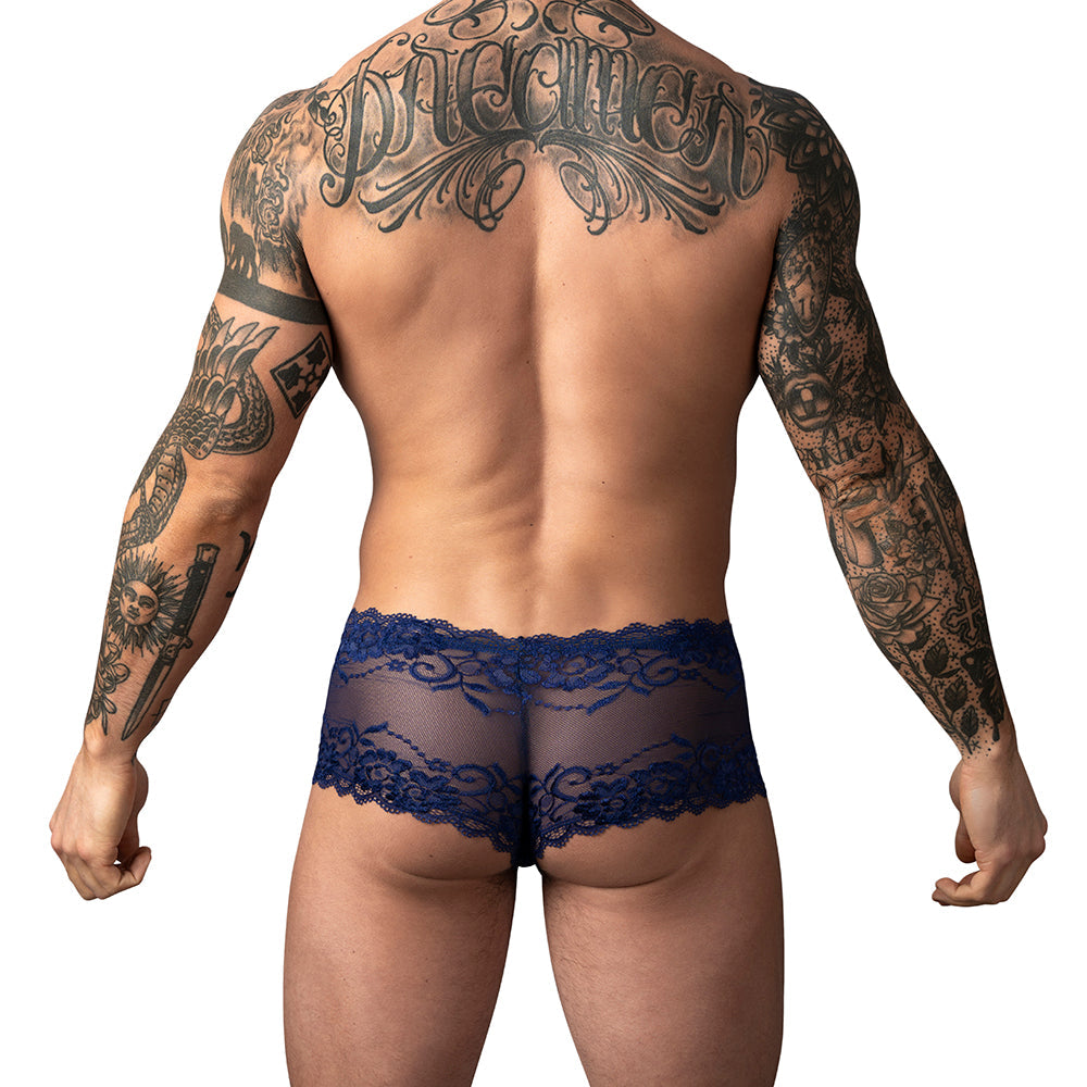 Male Power Sassy Lace Mini Short Sheer Pouch Navy Medium showcased on a model with tattoos from behind.