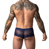 Male Power Sassy Lace Mini Short Sheer Pouch Navy Medium showcased on a model with tattoos from behind.