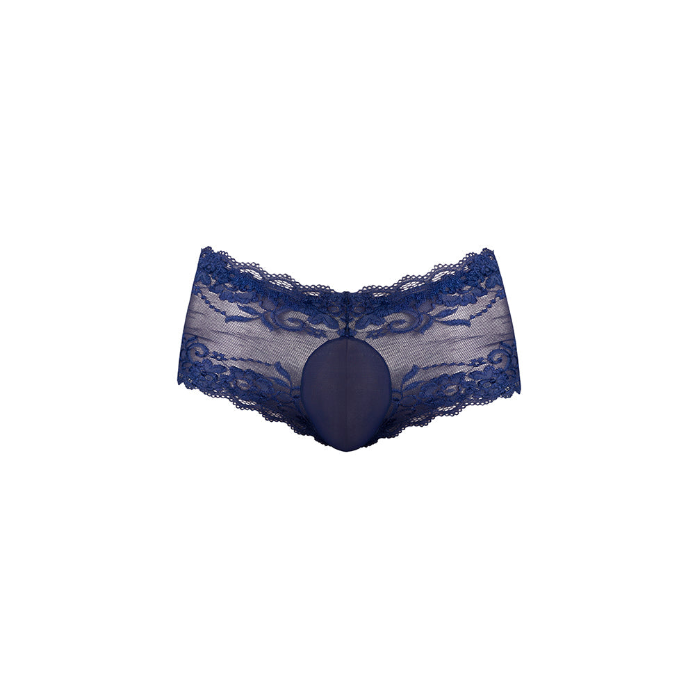 Male Power Sassy Lace Mini Short Sheer Pouch Navy Medium showcasing delicate lace and sheer design.