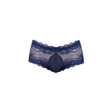 Male Power Sassy Lace Mini Short Sheer Pouch Navy Medium showcasing delicate lace and sheer design.