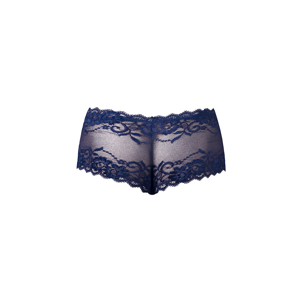 Male Power Sassy Lace Mini Short Sheer Pouch Navy Medium featuring delicate lace and sheer design.