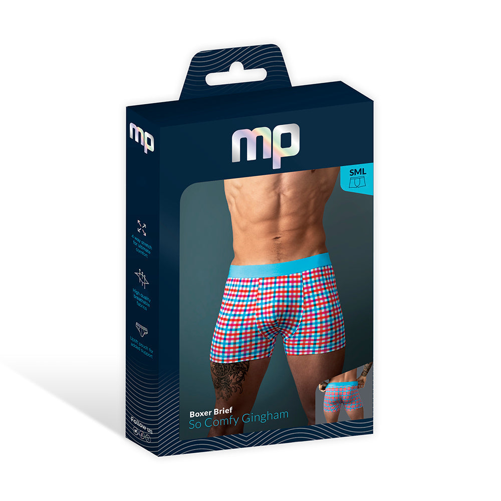 Male Power So Cumfy Gingham Boxer Brief Turquoise S packaging with vibrant gingham design and size details.