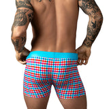 Male Power So Cumfy Gingham Boxer Brief Turquoise M showcasing a colorful gingham pattern on the back of a fit model.