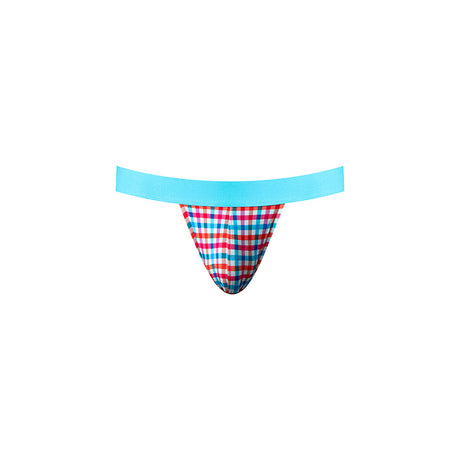 Male Power So Cumfy Gingham Jock Turquoise S M featuring vibrant turquoise gingham pattern with blue waistband.