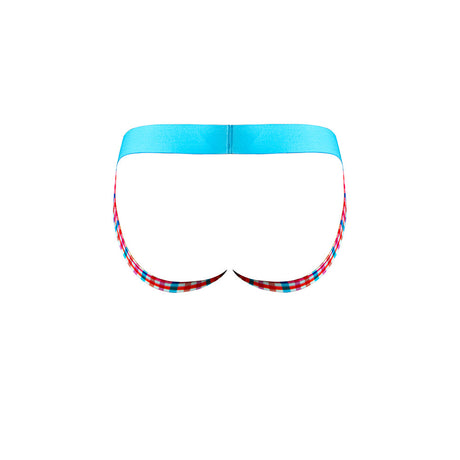 Male Power So Cumfy Gingham Jock Turquoise S M seen from the back, showcasing its vibrant turquoise and red gingham design.