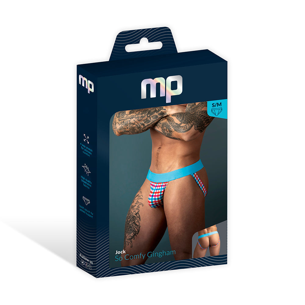 Male Power So Cumfy Gingham Jock Turquoise L XL packaging featuring jockey design and vibrant colors.