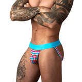 Male Power So Cumfy Gingham Jock Turquoise L XL on a model with tattoos, showcasing stylish comfort and athletic support.