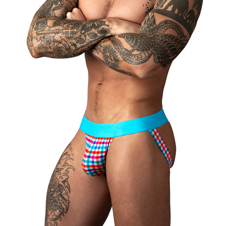 Male Power So Cumfy Gingham Jock Turquoise L XL on a model with tattoos, showcasing stylish comfort and athletic support.