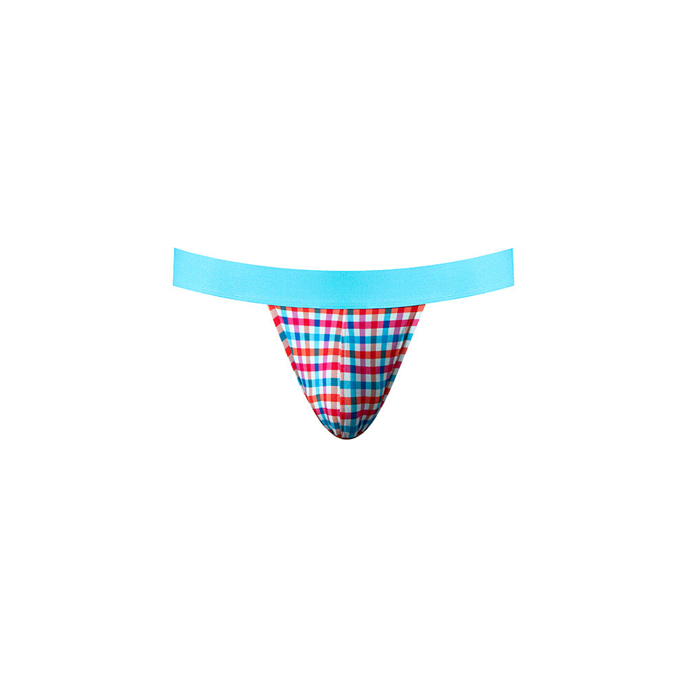 Male Power So Cumfy Gingham Jock Turquoise L XL featuring a vibrant turquoise gingham pattern and stylish design.
