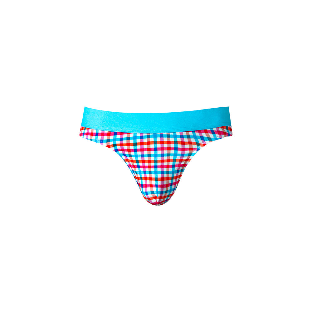 Male Power So Cumfy Gingham Thong Turquoise L XL with a vibrant gingham pattern and minimalist design.