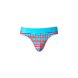 Male Power So Cumfy Gingham Thong Turquoise L XL with a vibrant gingham pattern and minimalist design.