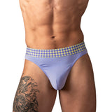 Male Power So Cumfy Gingham Thong Purple S M showcasing a vibrant purple gingham pattern and comfortable fit.
