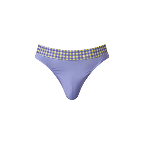Male Power So Cumfy Gingham Thong Purple L XL featuring a vibrant purple and yellow gingham pattern for ultimate comfort.