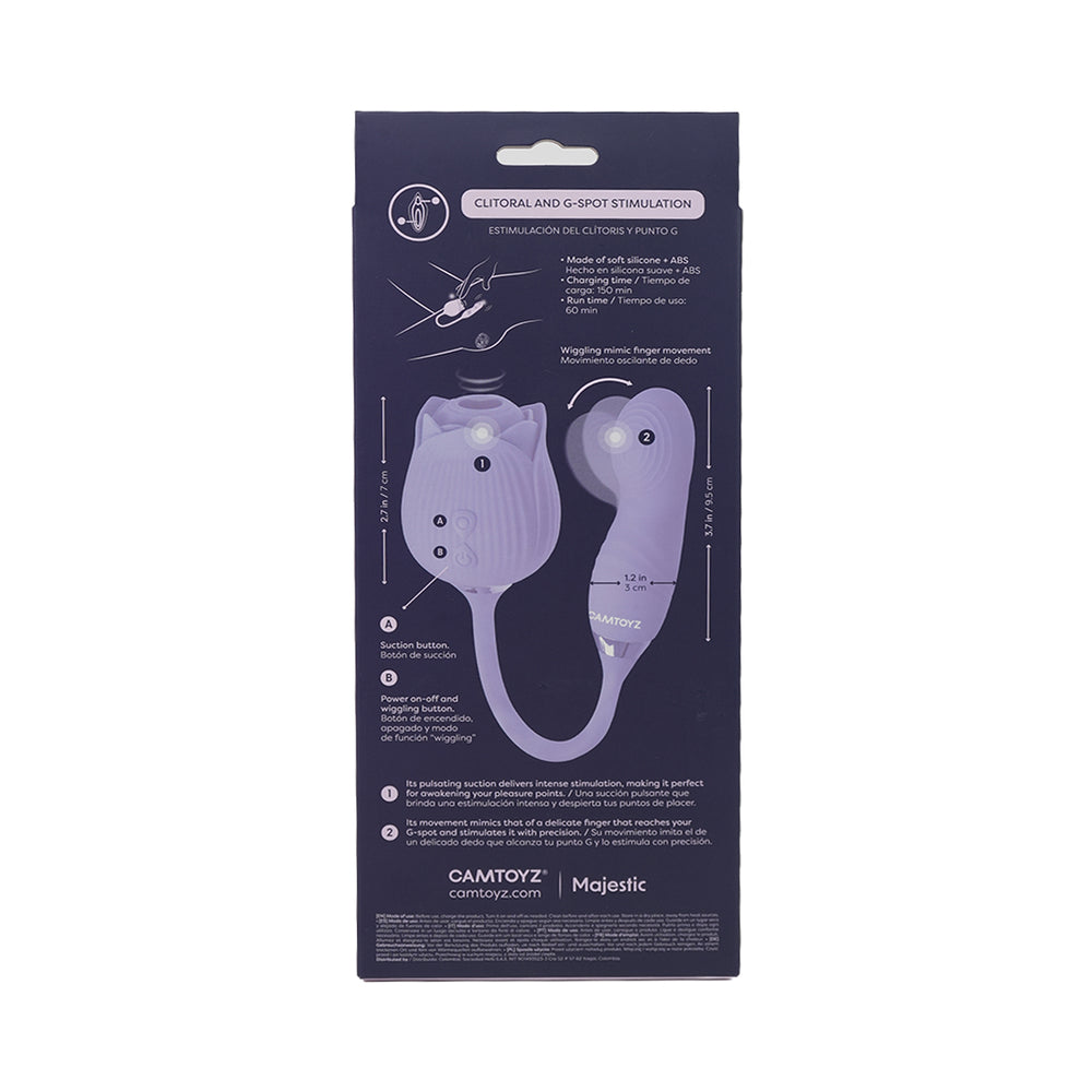 Camtoyz Lotus G-spot Stimulator packaging detailing clitoral and G-spot stimulation features.