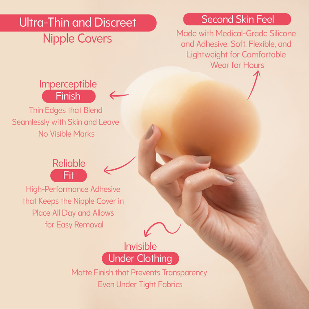 UVA Circular Nipple Covers Cocoa in hand, showcasing ultra-thin, discreet design for seamless wear under clothing.