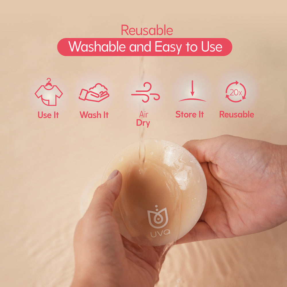 UVA Circular Nipple Covers Cocoa, reusable and easy to use, demonstrating washing and care instructions.