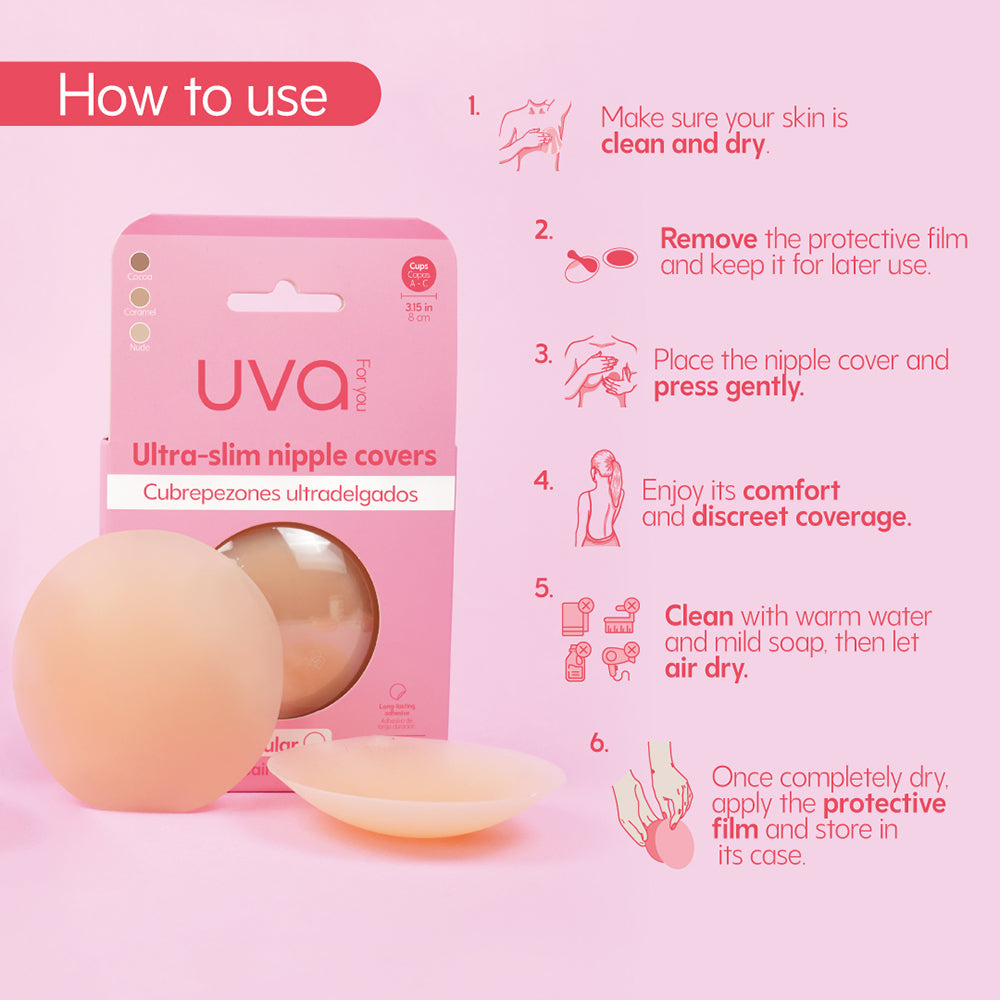 UVA Circular Nipple Covers Cocoa packaging with usage instructions and a pair of nipple covers beside it.