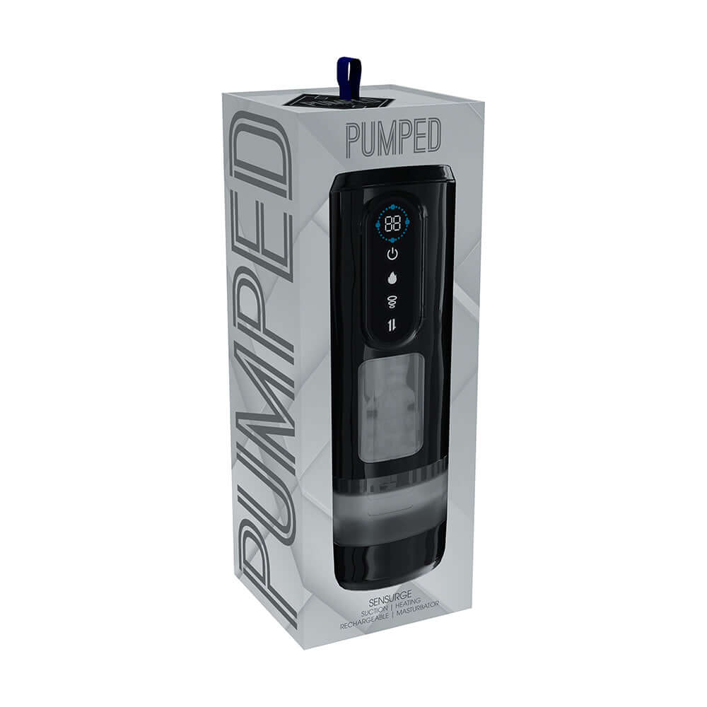 Pumped Sensurge Automatic Suction Masturbator Black in packaging showcasing automatic suction features.