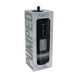 Pumped Sensurge Automatic Suction Masturbator Black in packaging showcasing automatic suction features.