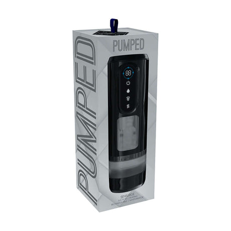 Pumped Sensurge Automatic Suction Masturbator Black in packaging showcasing automatic suction features.