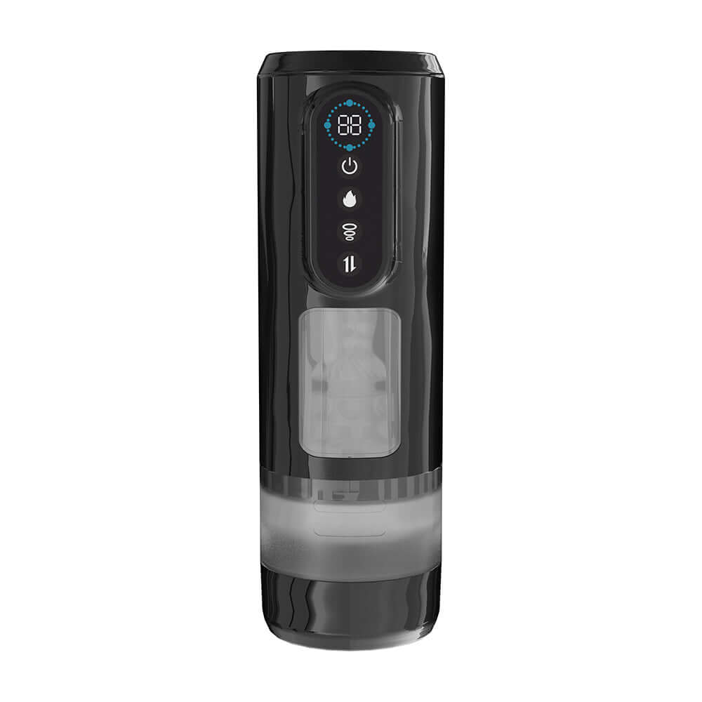 Pumped Sensurge Automatic Suction Masturbator Black features sleek design with control panel for hands-free stimulation.
