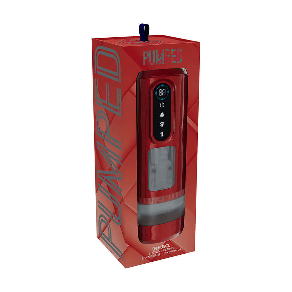 Pumped Sensurge Automatic Heating Suction Masturbator Red packaging displayed in a sleek design.