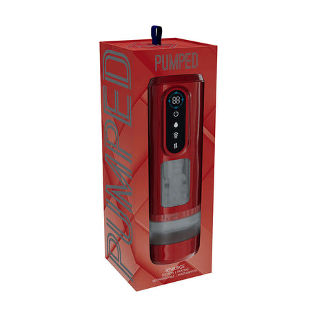 Pumped Sensurge Automatic Heating Suction Masturbator Red packaging displayed in a sleek design.
