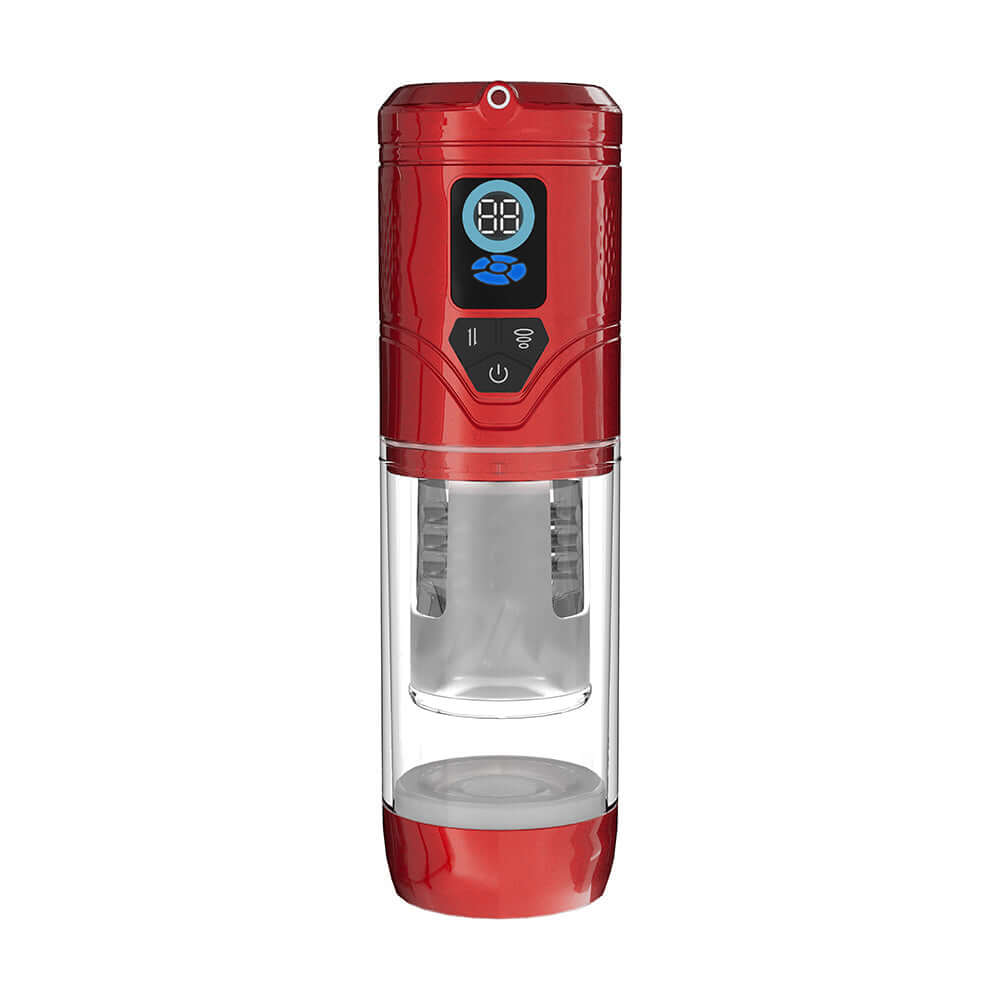 Pumped Sensurge Automatic Heating Suction Masturbator Red featuring a sleek design and digital controls for enhanced pleasure.