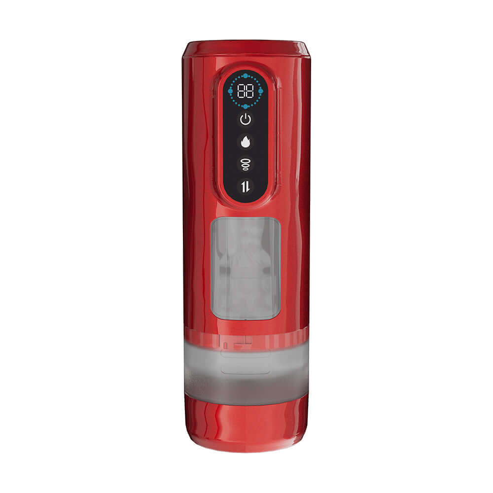 Pumped Sensurge Automatic Heating Suction Masturbator Red with digital display and ergonomic design.