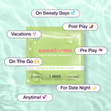 Sweetums Intimate Wipes Sweet Mint Flavor 10 Pack packaging with uses for various occasions.