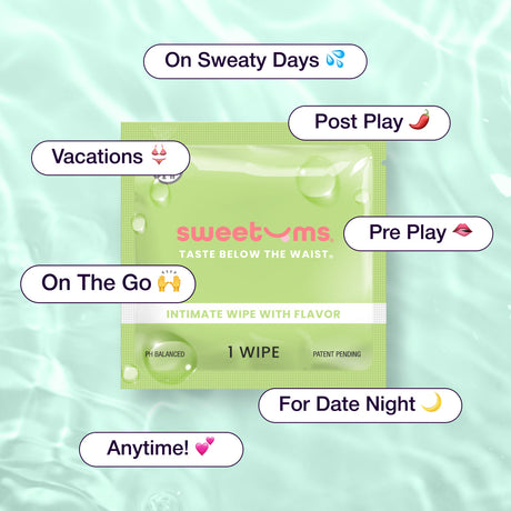 Sweetums Intimate Wipes Sweet Mint Flavor 10 Pack packaging with uses for various occasions.