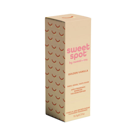 Sweetums Sweet Spot Flavored Fragrance Golden Vanilla packaging with branding and product details.