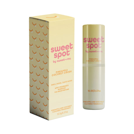 Sweetums Sweet Spot Fragrance Pineapple Coconut Crush packaging and solid stick showcasing tropical scent.
