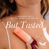 Sweetums Sweet Spot Flavored Fragrance Island Passion solid fragrance stick on skin with playful text overlay.