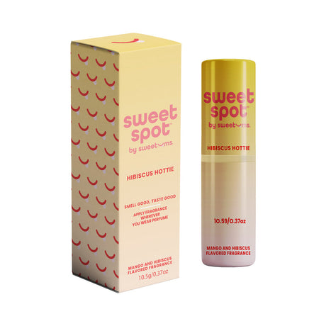 Sweetums Sweet Spot Flavored Fragrance Hibiscus Hottie solid fragrance stick and box packaging.