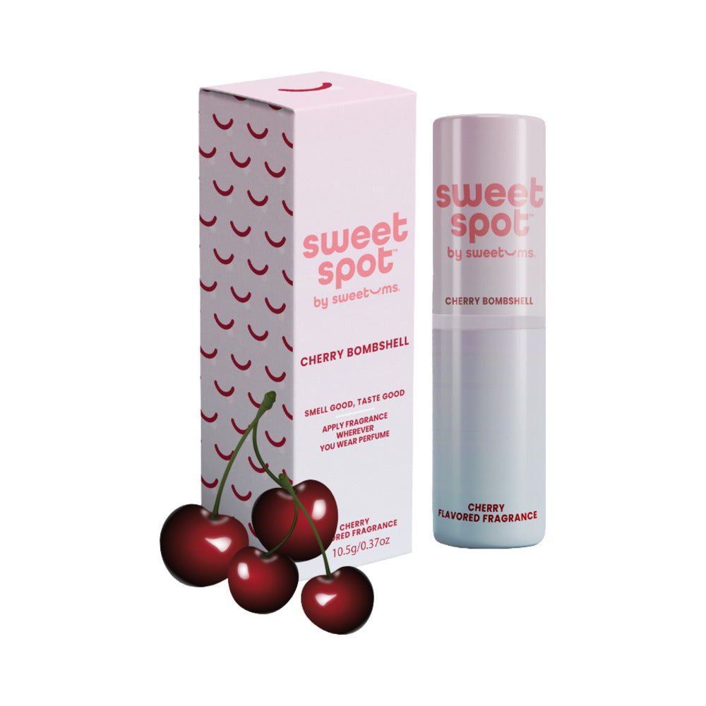 Sweetums Sweet Spot Flavored Fragrance Cherry Bombshell with cherries and packaging.