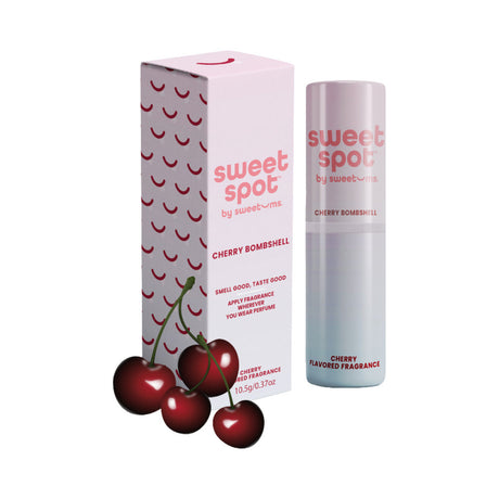 Sweetums Sweet Spot Flavored Fragrance Cherry Bombshell with cherries and packaging.