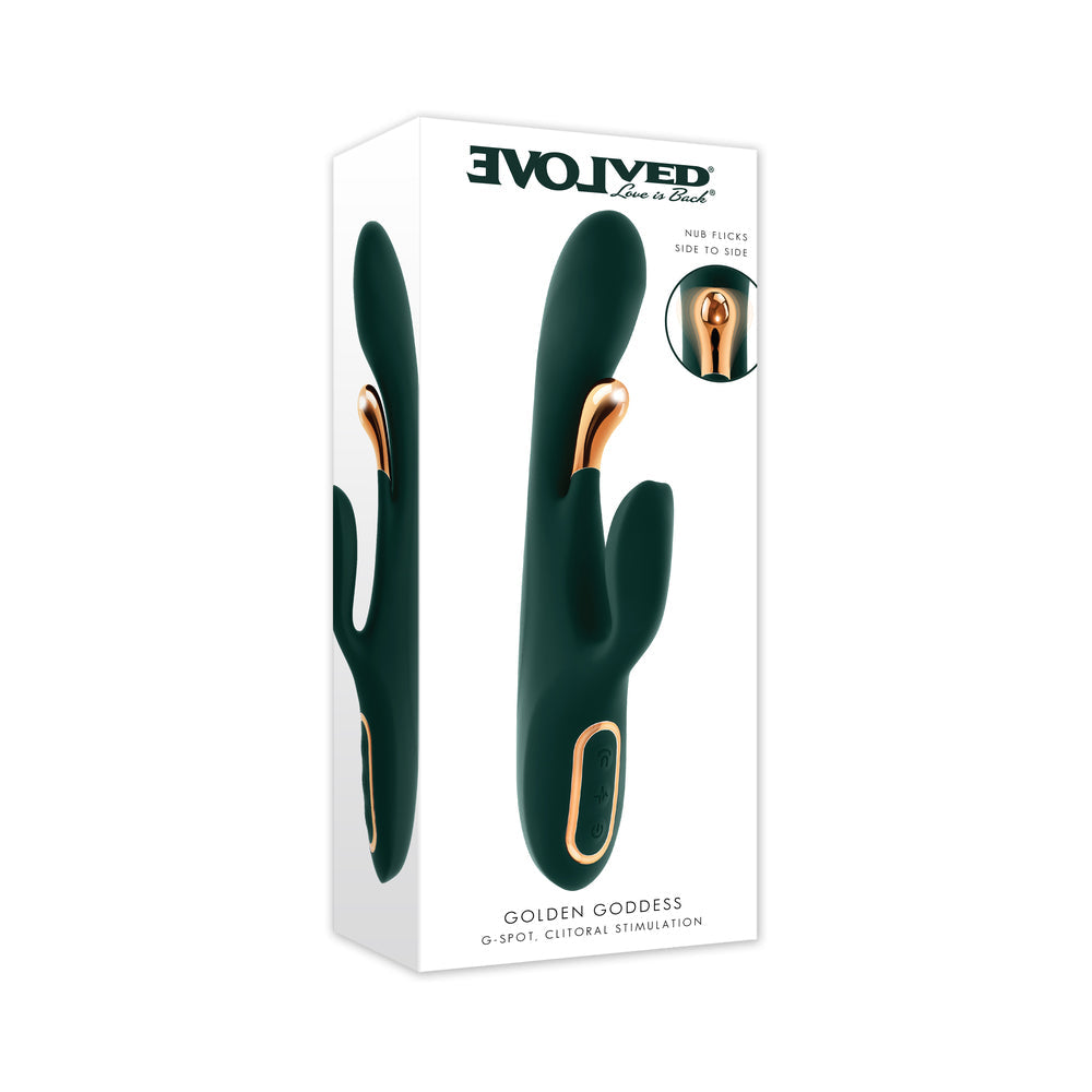 Evolved Golden Goddess G-spot Flicker Green vibrator in elegant packaging, designed for dual-action stimulation.