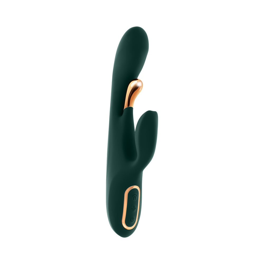 Evolved Golden Goddess G-spot Flicker Green dual-action vibrator in elegant ergonomic design.