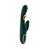 Evolved Golden Goddess G-spot Flicker Green dual-action vibrator in elegant ergonomic design.