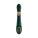 Evolved Golden Goddess G-spot Flicker Green vibrator featuring dual-action functionality and ergonomic design.
