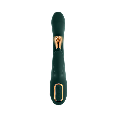 Evolved Golden Goddess G-spot Flicker Green vibrator featuring dual-action functionality and ergonomic design.