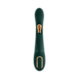 Evolved Golden Goddess G-spot Flicker Green vibrator with ergonomic design and dual stimulation features.