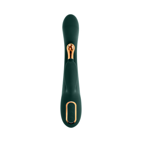 Evolved Golden Goddess G-spot Flicker Green vibrator with ergonomic design and dual stimulation features.