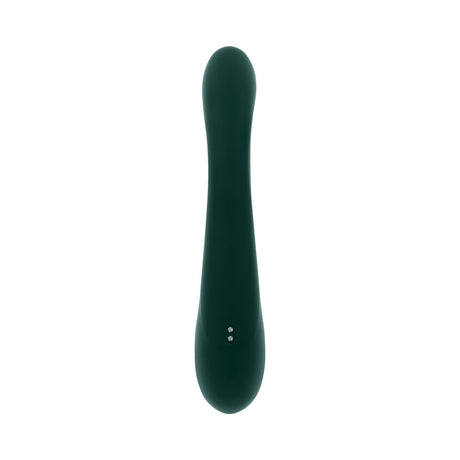Evolved Golden Goddess G-spot Flicker Green ergonomic silicone dual-action vibrator for internal and external stimulation.