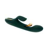 Evolved Golden Goddess G-spot Flicker Green premium dual-action vibrator providing internal and external stimulation.